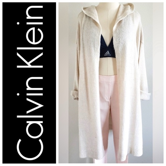 Calvin Klein Jeans Sweater Cardigan sz XL Ivory Hooded Knit Duster EUC CK logo